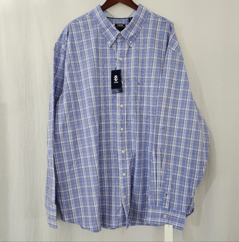 IZOD Button Up Dress Shirt in White Blue Purple Men's Plaid Men's Size 4XLT